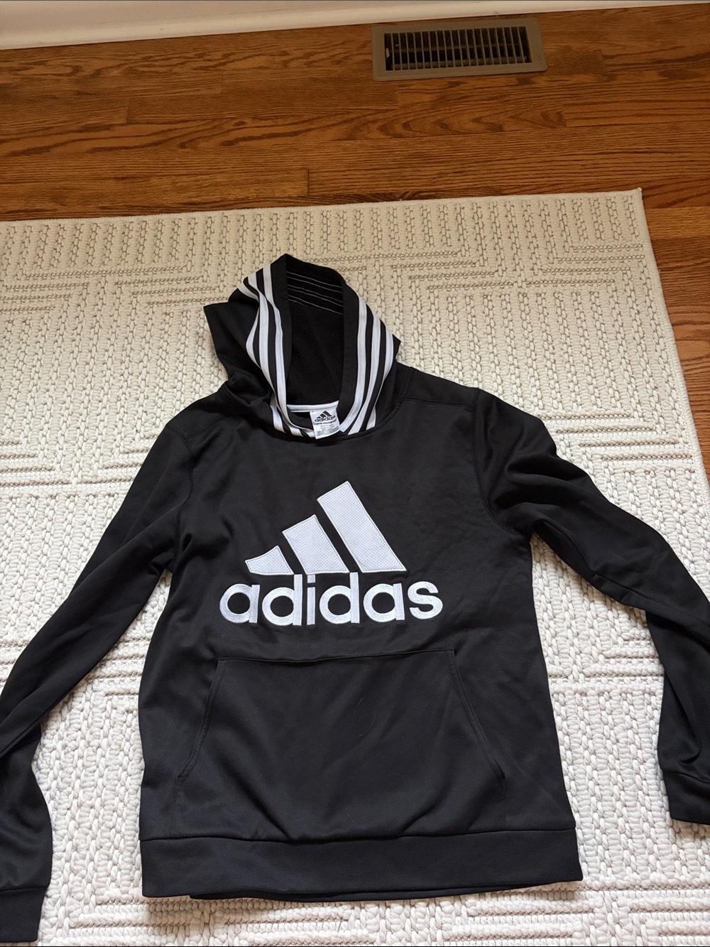 adidas Black Hoodie with White Logo and Striped Hood